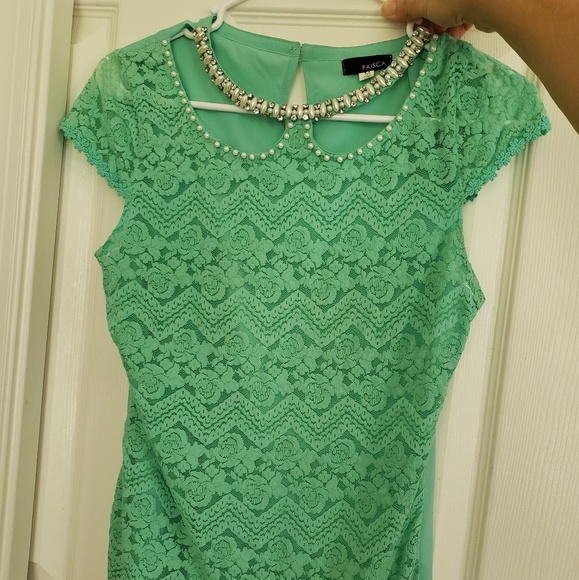 Sheer Vintage Green Lace and Pearls Sheer Shirt - Picture 1 of 4